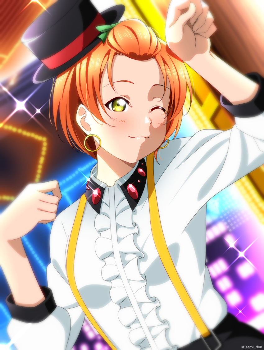 1girl absurdres artist_name black_headwear blush closed_mouth commentary_request earrings hands_up hat hello_hoshi_wo_kazoete highres hoshizora_rin isami_don jewelry looking_at_viewer love_live! love_live!_school_idol_project one_eye_closed orange_hair paw_pose shirt short_hair sleeves_past_elbows smile solo top_hat upper_body white_shirt yellow_eyes