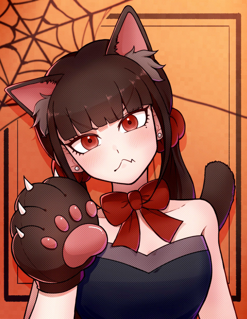 1girl animal_ears animal_hands bangs bare_shoulders black_dress blunt_bangs bow bowtie brown_hair cat_ears cat_girl cat_tail collarbone commentary_request danganronpa_(series) danganronpa_v3:_killing_harmony dress earrings hair_ornament hair_scrunchie hand_up harukawa_maki highres jewelry kirin_(suzoke_1) looking_at_viewer low_twintails official_alternate_costume orange_background red_bow red_bowtie red_eyes red_scrunchie scrunchie shiny shiny_hair solo spider_web_print tail twintails wavy_mouth