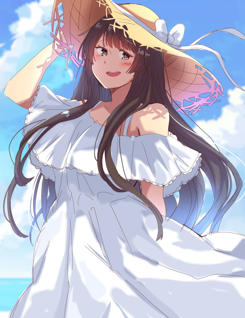 1girl bangs blue_sky blush brown_hair clouds cloudy_sky commentary_request dress frilled_dress frills grey_eyes hand_on_headwear hat highres leo_(leobanana11) long_hair looking_at_viewer master_2_(housamo) off_shoulder open_mouth ribbon seaside sidelocks sky solo straw_hat teeth tokyo_afterschool_summoners upper_body upper_teeth white_dress white_ribbon