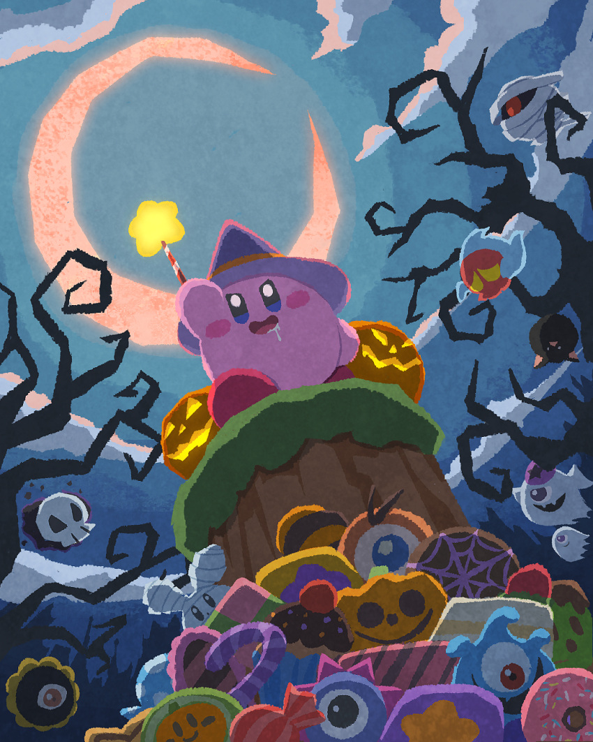 bare_tree bat_(animal) candy clouds crescent_moon food from_below ghost halloween hat highres holding holding_wand jack-o'-lantern kirby kirby_(series) mask miclot moon mummy_costume night no_humans outdoors pumpkin purple_headwear saliva tree wand witch_hat