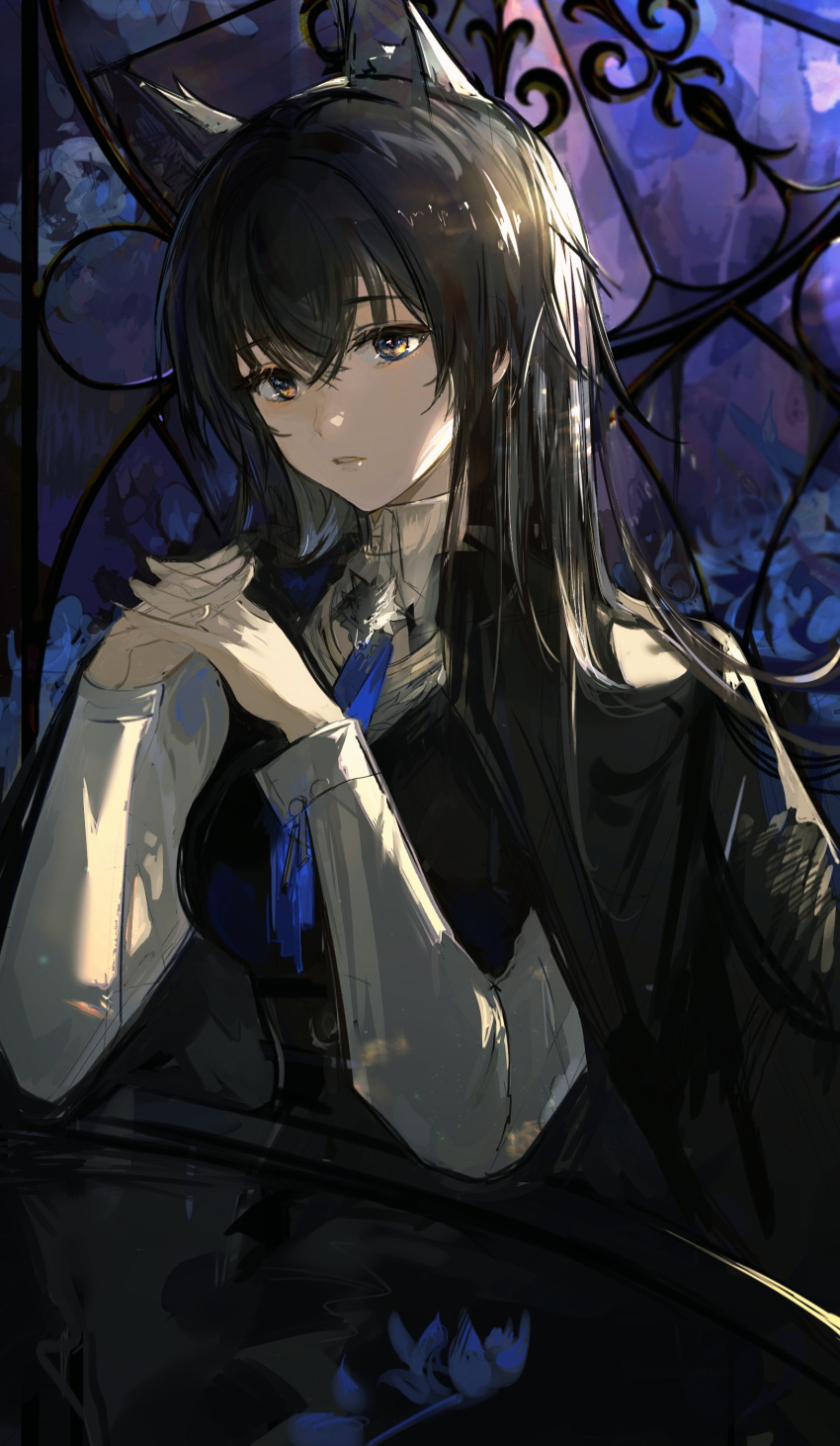 1girl absurdres animal_ear_fluff animal_ears arknights black_coat black_hair blue_necktie breasts coat coat_on_shoulders dark_skin highres long_hair long_sleeves looking_away medium_breasts necktie own_hands_together parted_lips qianzhu solo stained_glass table texas_(arknights) texas_the_omertosa_(arknights) upper_body wolf_ears