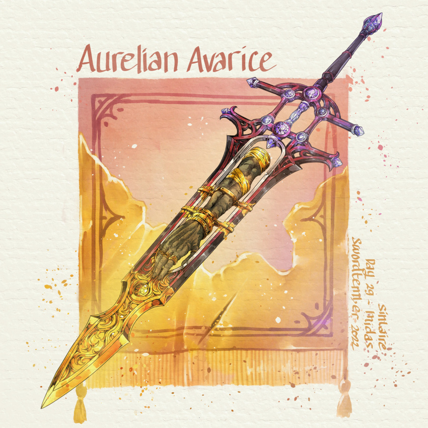 artist_name commentary dated detached_arm english_commentary english_text fantasy gem gold highres no_humans original simple_background sinlaire sword tassel weapon weapon_focus white_background