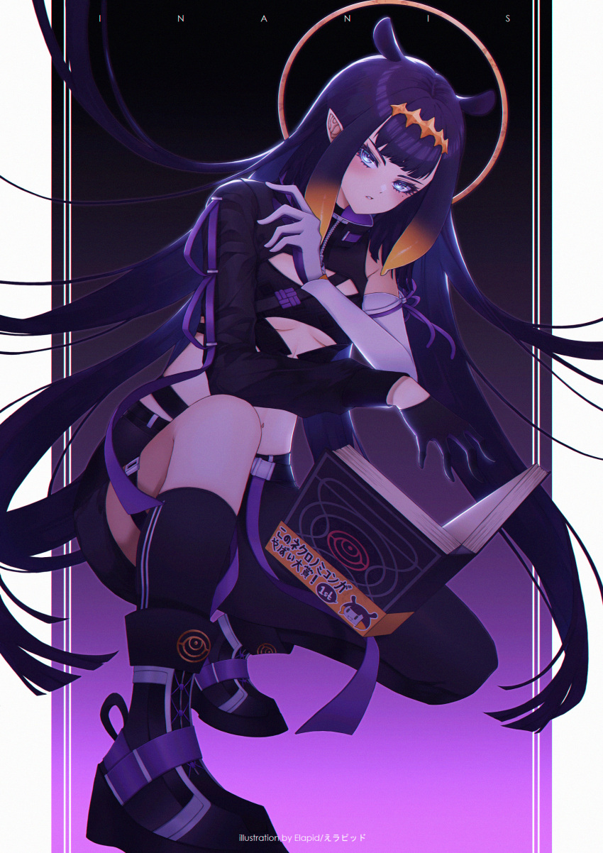 1girl 2022 absurdres bangs black_gloves black_hair book breasts gloves highres hololive long_hair long_sleeves looking_at_viewer ninomae_ina'nis open_mouth pointy_ears shoes shorts small_breasts socks solo squatting under_boob virtual_youtuber wong_y_hui_98