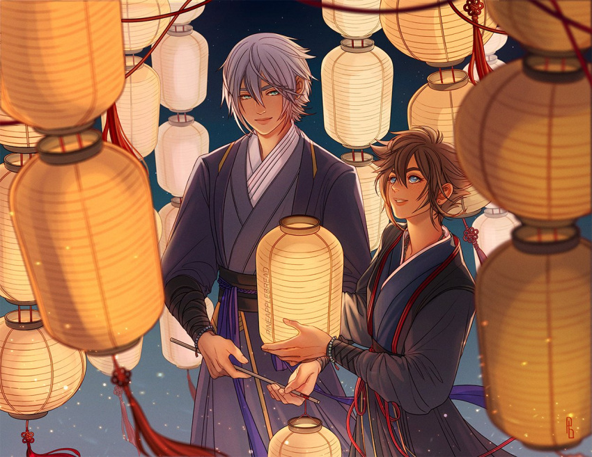 2boys alternate_costume aqua_eyes artist_name bead_bracelet beads blue_background blue_eyes blue_kimono bracelet brown_hair cowboy_shot earrings gradient gradient_background grey_hair grey_kimono hair_between_eyes holding holding_lantern japanese_clothes jewelry kimono kingdom_hearts kingdom_hearts_iii lantern lantern_festival long_sleeves looking_at_another looking_up male_focus multiple_boys outdoors paper_lantern parted_lips pineapplebreads riku_(kingdom_hearts) short_hair single_earring sky_lantern smile sora_(kingdom_hearts) spiky_hair