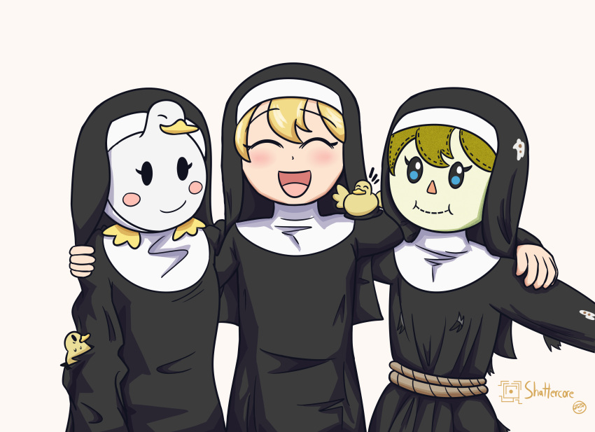 1girl absurdres artist_name bangs bird blonde_hair blush blush_stickers catholic child closed_eyes clumsy_nun_(diva) duck duckling english_commentary female_child habit highres little_nuns_(diva) lord_shatter nun open_mouth scarecrow signature simple_background smile solo white_background