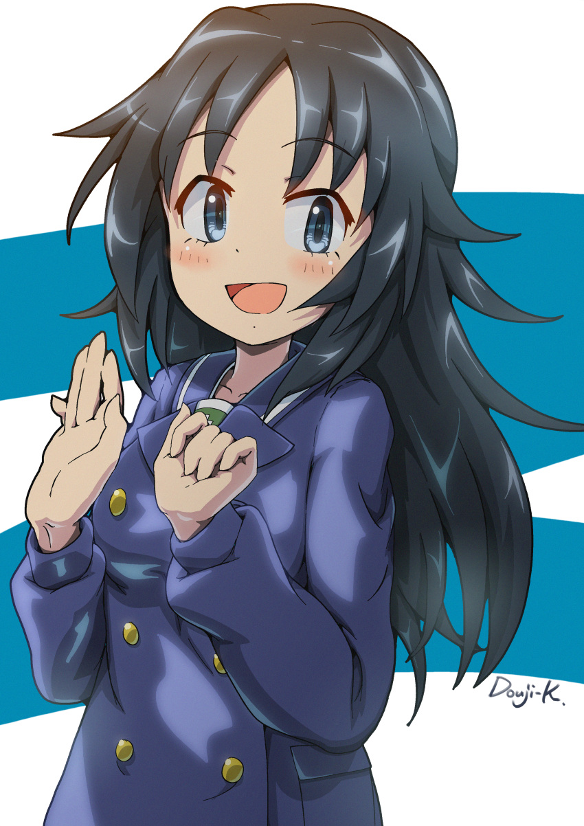 1girl absurdres artist_name bangs black_hair blouse blue_eyes blue_jacket buttons commentary_request double-breasted freckles girls_und_panzer highres jacket kuroneko_douji long_hair long_sleeves looking_at_viewer ooarai_school_uniform open_mouth partial_commentary sailor_collar school_uniform shirt signature smile solo upper_body winter_uniform yamagou_ayumi