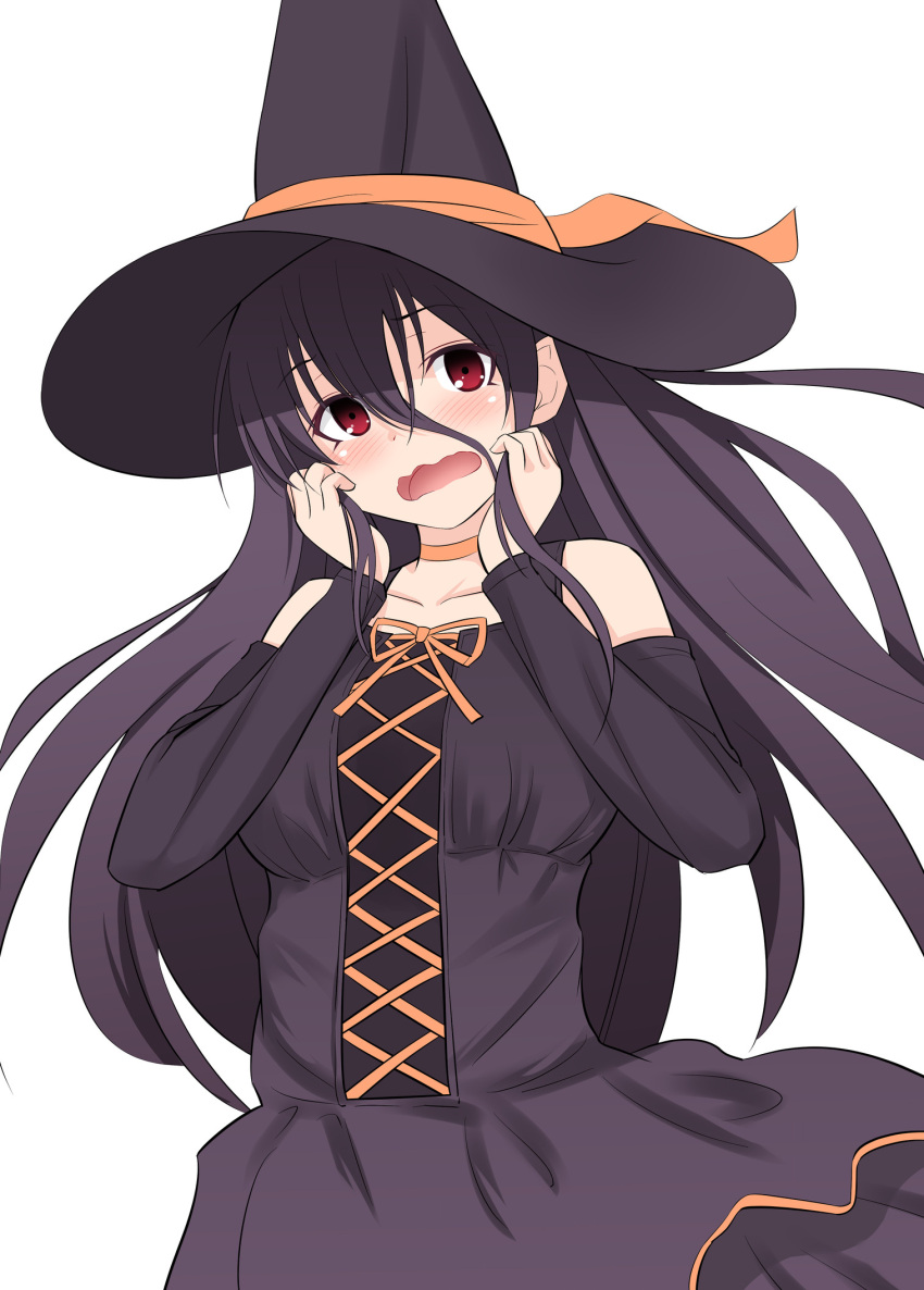 1girl anetai_toyone bangs black_dress black_hair black_headwear blush clothing_cutout commentary dress frown hair_between_eyes halloween halloween_costume hands_on_own_face hat hat_ribbon highres long_dress long_hair long_sleeves looking_at_viewer open_mouth orange_ribbon pila_(pilayamato) red_eyes ribbon saki shoulder_cutout simple_background solo standing wavy_hair white_background witch_hat