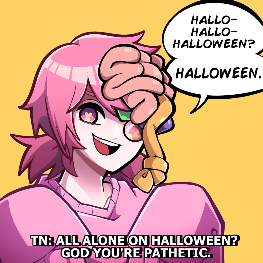 1girl :d chainsaw_man cosmo_(chainsaw_man) exposed_brain heart heart-shaped_pupils highres kermittend long_sleeves looking_at_viewer meme open_mouth oversized_clothes pink_eyes pink_hair pink_shirt pink_sweater shirt short_twintails simple_background smile smug solo speech_bubble subtitled sweater symbol-shaped_pupils teeth twintails yellow_background