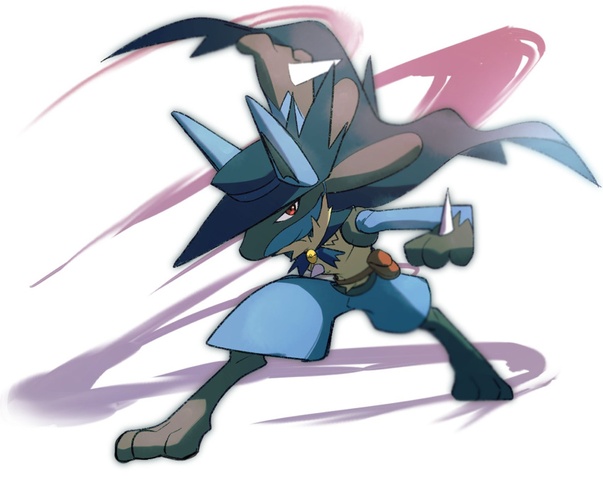 blurry cape closed_mouth commentary_request full_body hat hatted_pokemon highres legs_apart looking_at_viewer lucario morio_(poke_orio) pokemon pokemon_(creature) red_eyes smile solo white_background