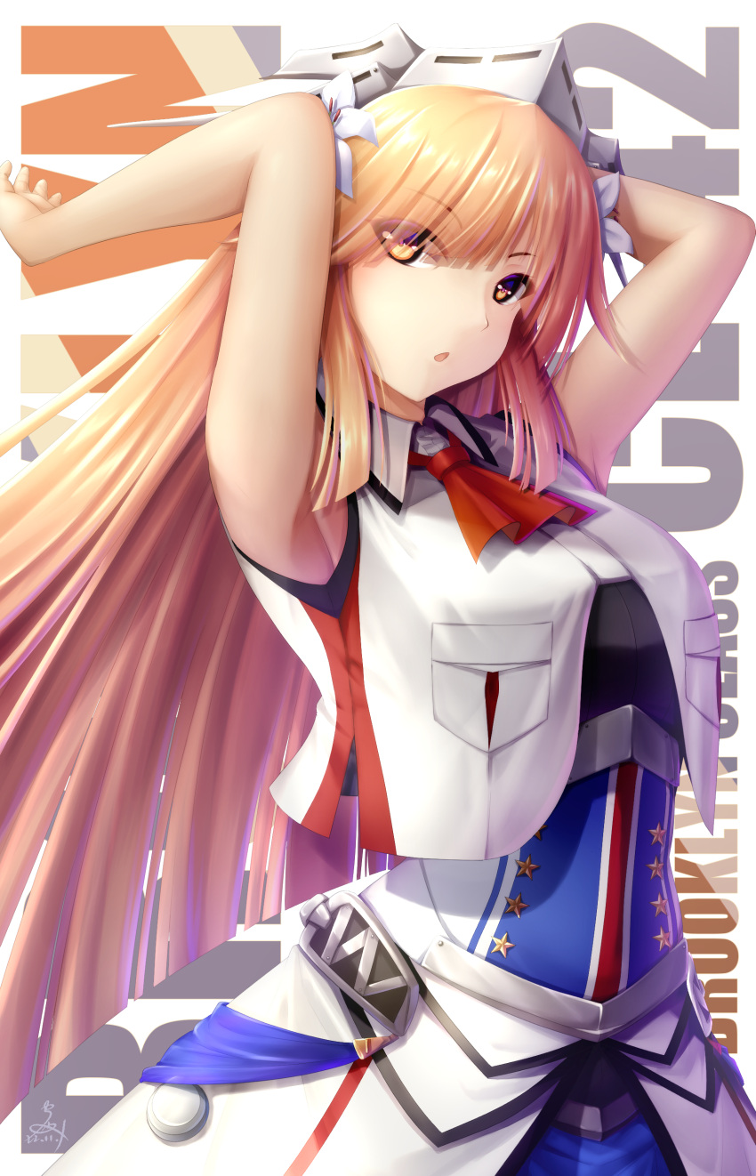 1girl absurdres arms_up ascot black_shirt blonde_hair blue_skirt breasts brooklyn_(kancolle) flower hair_flower hair_ornament highres jacket kantai_collection large_breasts long_hair red_ascot red_eyes seiya_(iiseven) shirt skirt sleeveless sleeveless_jacket solo undershirt white_flower white_jacket