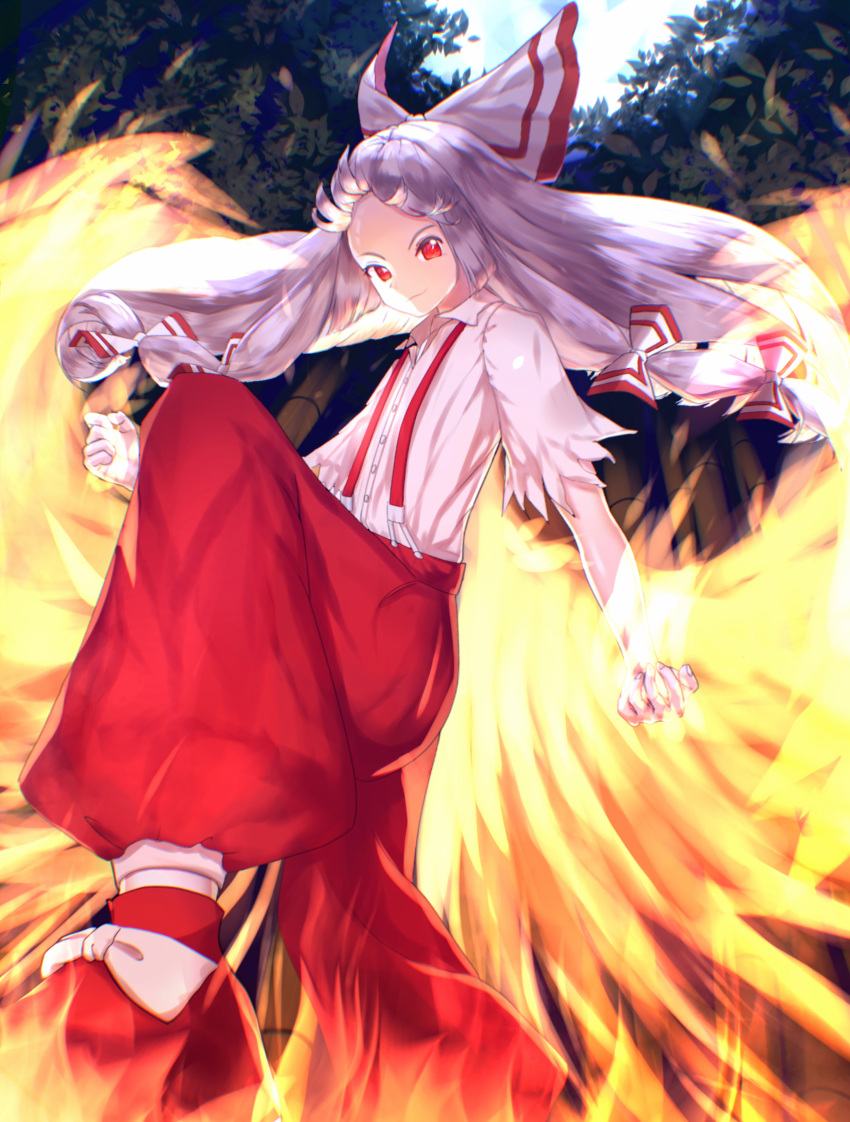 1girl absurdres bow closed_mouth collared_shirt commentary fire foot_out_of_frame forest fujiwara_no_mokou hair_bow highres long_hair looking_at_viewer moon nature night nyanaya pants pyrokinesis red_bow red_eyes red_footwear red_pants shirt shoes smile solo suspenders torn_clothes torn_sleeves touhou two-tone_bow white_bow white_hair white_shirt wing_collar