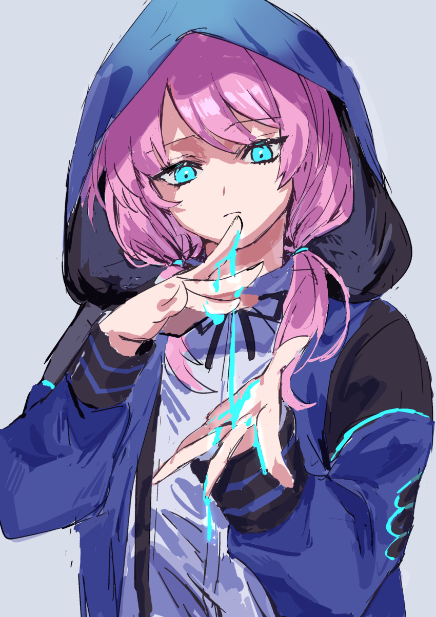 1girl absurdres arknights bangs blue_eyes blue_poison_(arknights) eyebrows_hidden_by_hair grey_background highres holding hood hooded_jacket hoodie jacket long_hair looking_at_viewer na_tarapisu153 pink_hair poison simple_background solo twintails upper_body