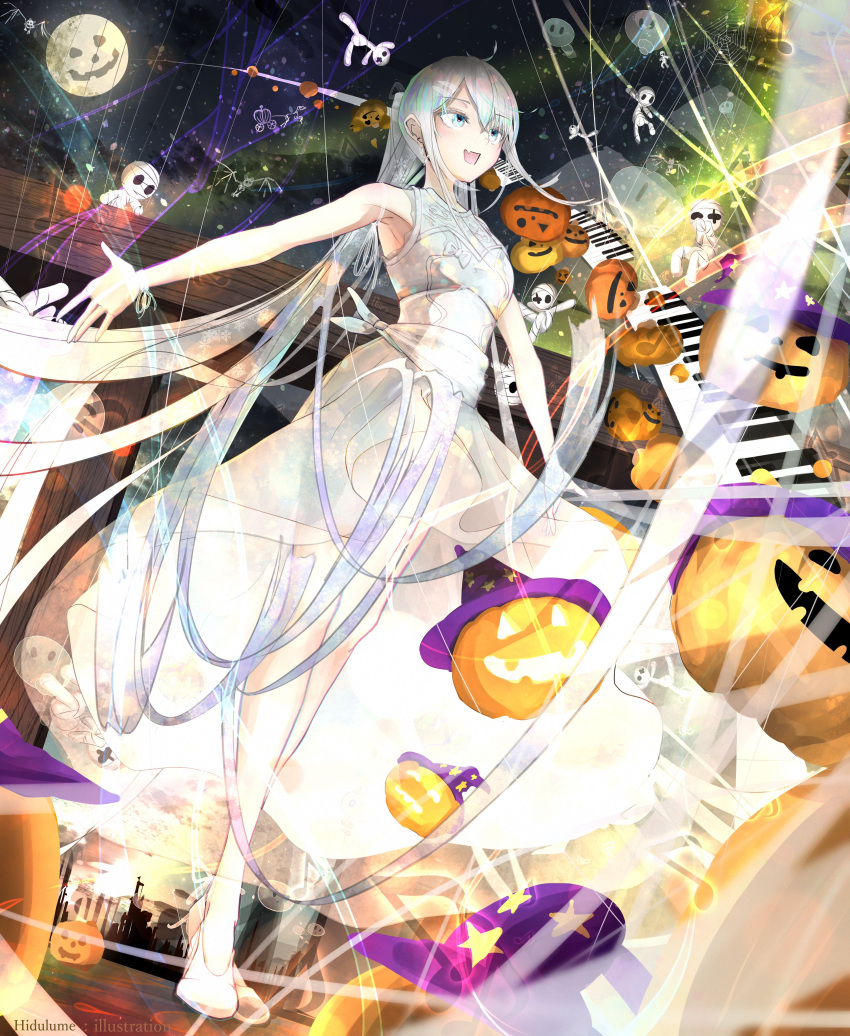 1girl absurdres artist_name bangs blue_eyes commentary dress earrings fang full_moon grey_hair halloween hat hidulume high_heels highres instrument jack-o'-lantern jewelry keyboard_(instrument) long_dress long_hair looking_to_the_side moon mummy open_mouth original ponytail puppet puppet_strings silk skin_fang sleeveless sleeveless_dress smile solo spider_web standing star_(symbol) sunset very_long_hair white_dress white_footwear witch_hat