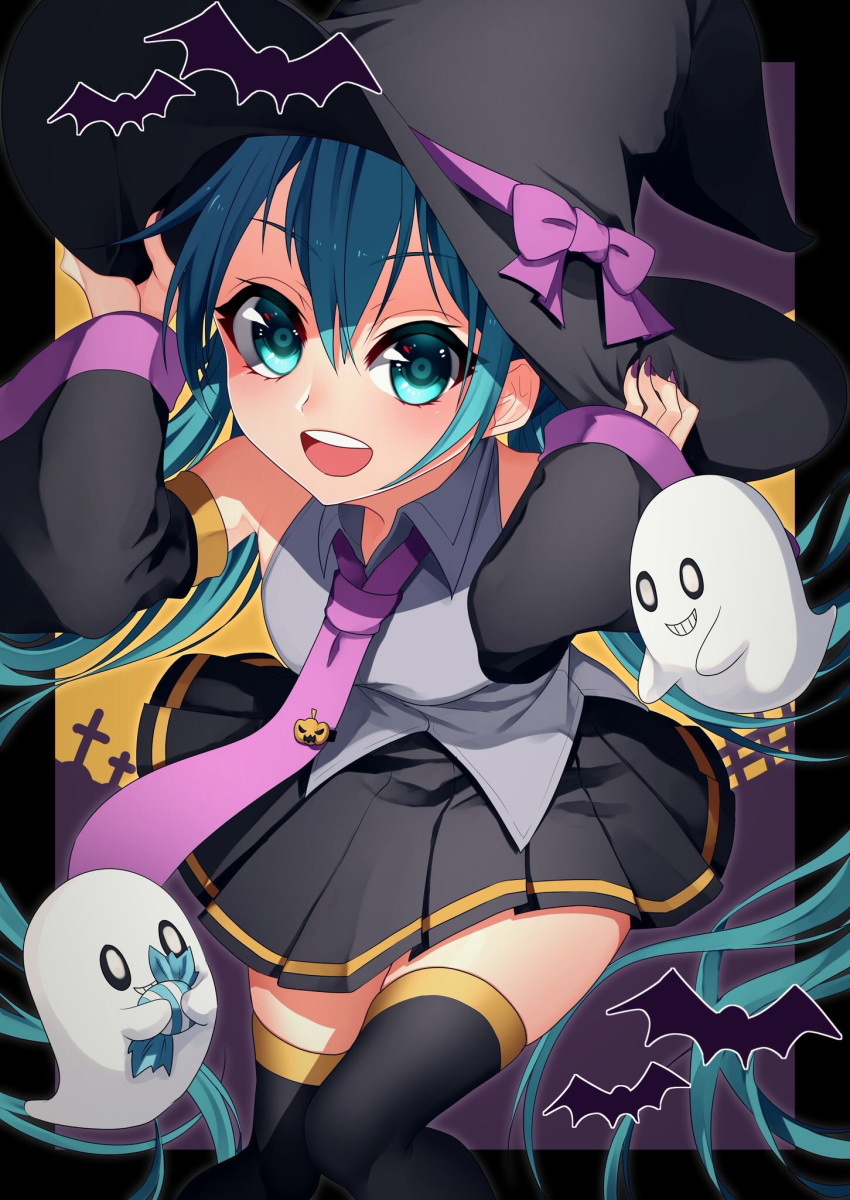 1girl adjusting_clothes adjusting_headwear aqua_eyes aqua_hair bangs bat_(animal) black_nails black_sleeves black_thighhighs blouse blue_bow bow candy collared_shirt commentary detached_sleeves food forute_na ghost graveyard grey_shirt halloween halloween_costume hat hat_bow hatsune_miku highres jack-o'-lantern_ornament leaning_forward long_hair looking_at_viewer necktie open_mouth purple_necktie shirt sleeveless sleeveless_shirt smile solo standing thigh-highs twintails vocaloid wing_collar witch_hat