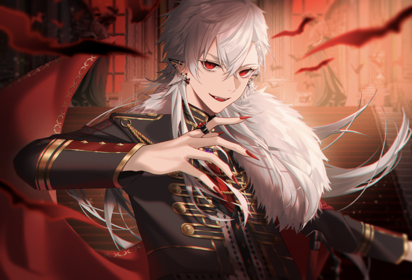 1boy absurdres asymmetrical_hair earrings fangs fingernails hair_between_eyes highres jewelry kawausoman kuzuha_(nijisanji) long_hair long_sleeves looking_at_viewer mole mole_under_eye nijisanji open_mouth pointy_ears red_eyes red_nails sharp_fingernails smile virtual_youtuber white_hair