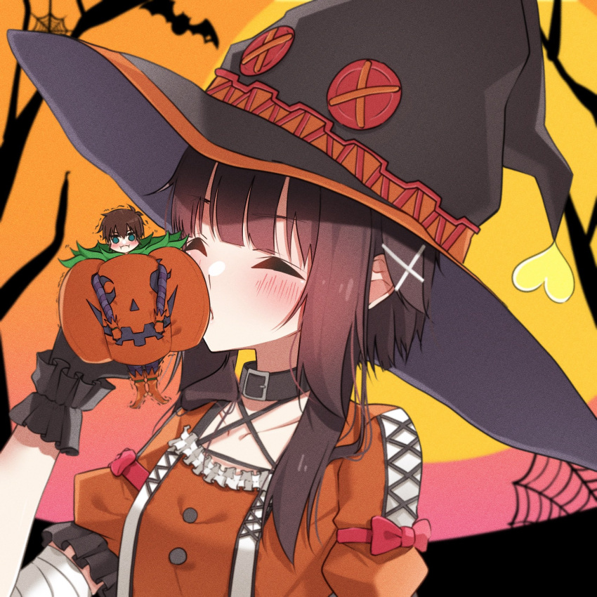 1boy 1girl alternate_costume bangs black_choker black_gloves blush brown_hair buttons choker closed_eyes collarbone gloves hair_ornament halloween_costume hand_up heart highres holding kiss kono_subarashii_sekai_ni_shukufuku_wo! megumin miniboy multicolored_background orange_shirt pumpkin pumpkin_costume sarasara_shoyu satou_kazuma shirt short_sleeves sidelocks trembling x_hair_ornament