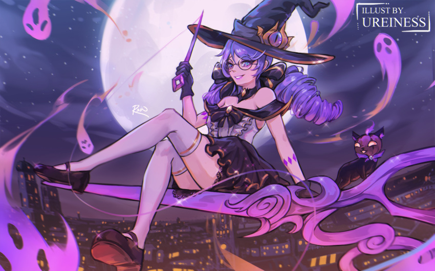 1girl alternate_costume animal artist_name bangs bare_shoulders black_bow black_footwear black_gloves black_headwear black_skirt bow cat center_frills drill_hair frills full_moon ghost glasses gloves grey_thighhighs grin gwen_(league_of_legends) hair_bow hand_up hat highres holding holding_needle holding_weapon lace-trimmed_skirt lace_trim league_of_legends moon needle night outdoors pink_hair pink_lips raion_rennes round_eyewear shiny shiny_hair shoes skirt smile swept_bangs teeth thigh-highs twin_drills twintails weapon witch_hat yuumi_(league_of_legends)