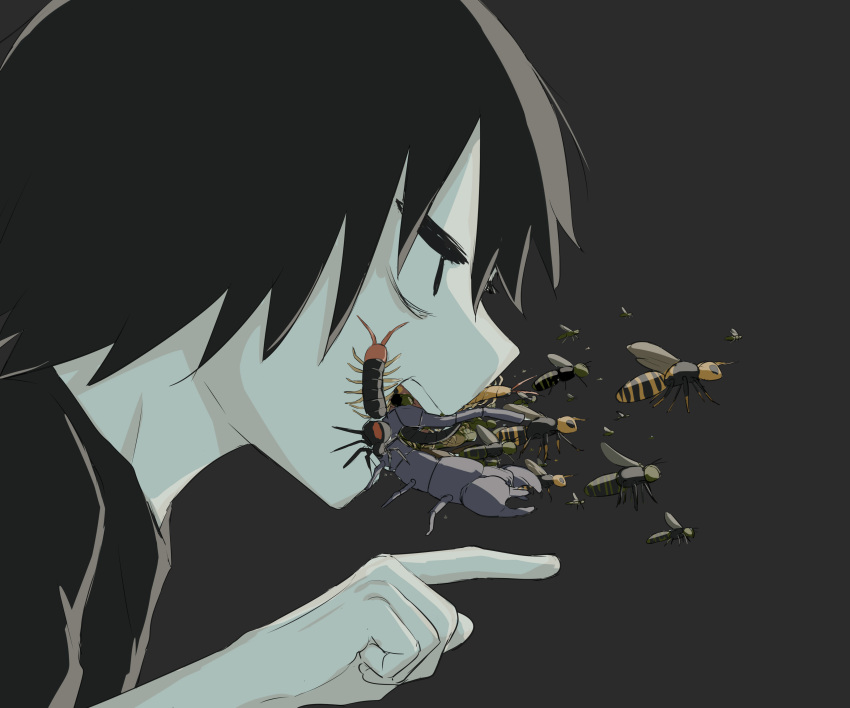 1boy absurdres avogado6 black_eyes black_hair black_shirt bug centipede commentary dark_background fly from_side highres male_focus open_mouth original pointing scorpion shirt short_hair solo spider symbolism teeth upper_teeth wasp