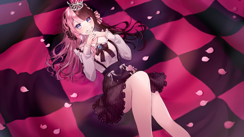 1girl akikuriii black_bow black_hair black_ribbon black_skirt blouse blue_eyes bow braid breasts checkered_floor collar commentary crown french_braid frilled_collar frills gem hair_bow hands_on_own_face heart highres iris_black_games lace-trimmed_skirt lace_trim long_hair looking_at_viewer lying medium_breasts multicolored_hair nail_polish on_back pink_bow pink_hair ribbon shirt skirt smile solo split-color_hair suspender_skirt suspenders tachibana_hinano_(vtuber) thighs two-tone_hair virtual_youtuber vspo! world_is_mine_(vocaloid)