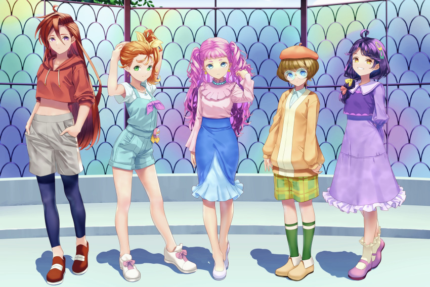 5girls ahoge arms_behind_back arms_up bangs bare_legs beret blue_eyes blue_pants blue_shorts blue_skirt bow brown_hair casual closed_mouth collarbone collared_shirt commentary_request contrapposto dress earrings frilled_dress frilled_socks frills full_body glasses green_eyes green_shorts green_socks grey_shorts grin hair_between_eyes hair_bow hair_ornament hairclip hand_in_own_hair hands_in_pockets hat high-waist_shorts high-waist_skirt high_ponytail highres hood hood_down hooded_sweater ichinose_minori jacket jewelry laura_la_mer light_frown long_dress long_hair long_sleeves looking_at_viewer medium_skirt midriff multiple_girls natsuumi_manatsu necklace orange_footwear orange_headwear orange_jacket overalls pants pants_under_shorts pink_footwear pink_hair pink_shirt plaid plaid_shorts precure purple_dress purple_hair red_bow red_footwear red_sweater redhead round_eyewear sailor_collar sailor_dress shadow shell shell_earrings shell_necklace shirt shoes short_hair short_shorts short_sleeves shorts side-by-side side_ponytail single_horizontal_stripe skirt smile socks standing stomach suzumura_sango sweater takizawa_asuka tropical-rouge!_precure twintails very_long_hair violet_eyes white_footwear white_sailor_collar white_shirt yellow_bow yellow_eyes yellow_socks yoko-ya_manjirou