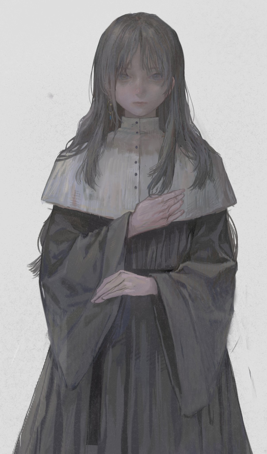 1girl bangs brown_hair earrings grey_eyes habit highres holding holding_clothes jewelry lips long_hair long_sleeves looking_at_viewer nun original qunqing123 shaded_face simple_background single_earring solo white_background