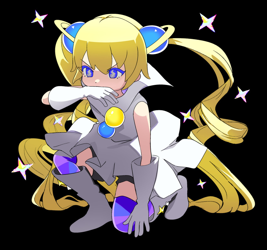 1girl absurdres akuukan_koneru bangs bare_shoulders black_background blonde_hair blue_eyes boots covered_mouth covering_mouth dress full_body gloves gravity_beyond hair_ornament hand_over_own_mouth highres hyperspace long_hair multiple_tails one_knee purple_thighhighs simple_background sleeveless sleeveless_dress solo sparkle symbol-shaped_pupils tail thigh-highs twintails two_side_up v-shaped_eyebrows very_long_hair white_dress white_gloves
