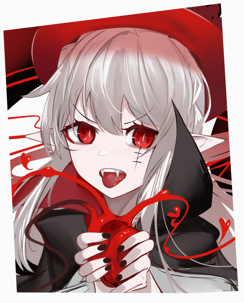 1girl absurdres ao_oni_(onioni-aoi) arknights black_cape black_headwear black_nails border cape fangs grey_hair hands_up hat heart heart_(organ) highres holding holding_heart looking_at_viewer official_alternate_costume pale_skin portrait red_eyes scar scar_across_eye solo tongue tongue_out v-shaped_eyebrows warfarin_(arknights) warfarin_(the_feast)_(arknights) white_border