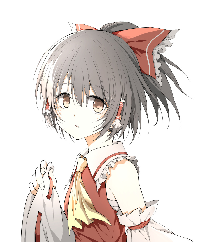 1girl absurdres ascot bare_shoulders black_hair bow brown_eyes detached_sleeves hair_between_eyes hair_bow hair_tubes hakurei_reimu highres japanese_clothes looking_at_viewer nontraditional_miko open_mouth red_bow ribbon-trimmed_sleeves ribbon_trim shimoda_masaya short_hair sidelocks simple_background solo touhou upper_body white_background white_sleeves wide_sleeves yellow_ascot