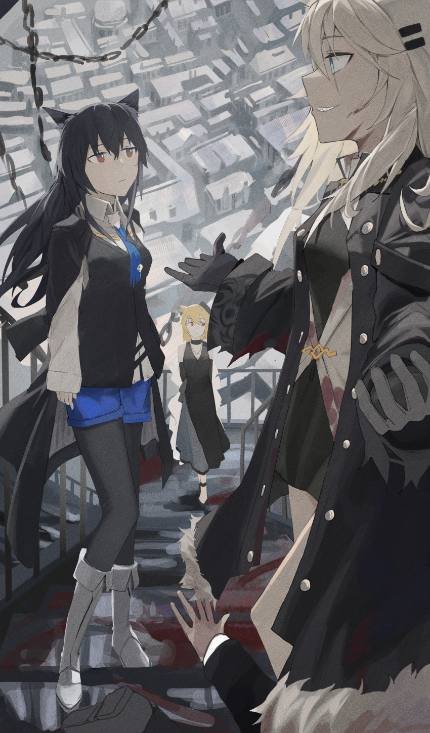 3girls absurdres animal_ears arknights black_cape black_choker black_coat black_dress black_gloves black_hair black_pantyhose black_vest blonde_hair blue_eyes blue_necktie blue_shorts brown_eyes cape choker coat collared_shirt dress gloves grey_hair hair_ornament hairclip highres lappland_(arknights) lappland_(refined_horrormare)_(arknights) multiple_girls necktie official_alternate_costume open_clothes open_coat outdoors pantyhose shirt shorts sora_(arknights) sora_(melodiosa)_(arknights) stairs texas_(arknights) texas_the_omertosa_(arknights) vest white_shirt wolf_ears wolf_girl yunkkker