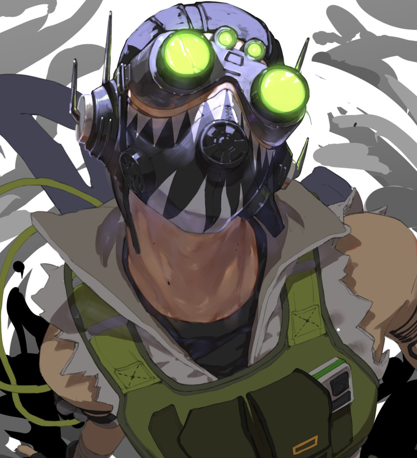 1boy apex_legends arm_strap arm_tattoo black_headwear black_shirt cable cropped_vest glowing goggles green_vest head_tilt highres kawaniwa looking_at_viewer male_focus mask mole mole_on_neck mouth_mask octane_(apex_legends) portrait shirt solo tattoo unfinished vest weapon weapon_on_back