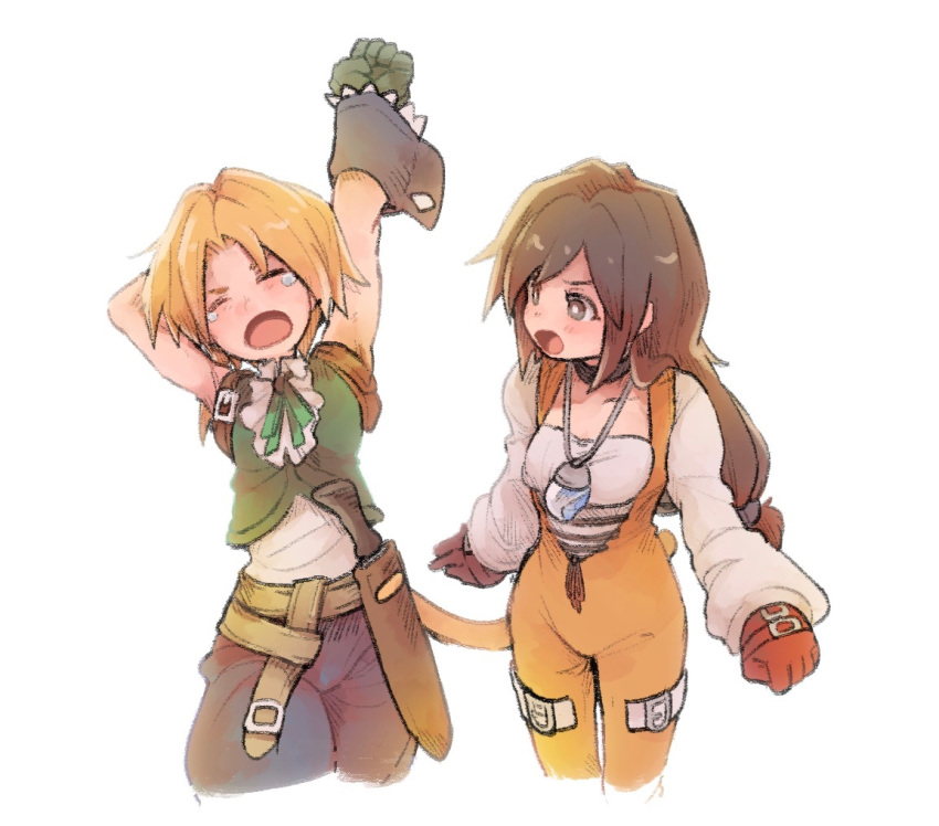 1boy 1girl arms_behind_head bangs belt black_choker blonde_hair blue_pants bodysuit breasts brown_eyes brown_hair choker closed_eyes cowboy_shot final_fantasy final_fantasy_ix garnet_til_alexandros_xvii gloves green_vest hand_up jewelry lace-up_top long_hair long_sleeves looking_at_another low-tied_long_hair low_ponytail medium_breasts monkey_tail open_mouth orange_bodysuit pants parted_bangs pendant puffy_long_sleeves puffy_sleeves red_gloves shirt short_hair_with_long_locks stretching tail tasituma2 tears thigh_strap vest white_background white_shirt wrist_cuffs zidane_tribal