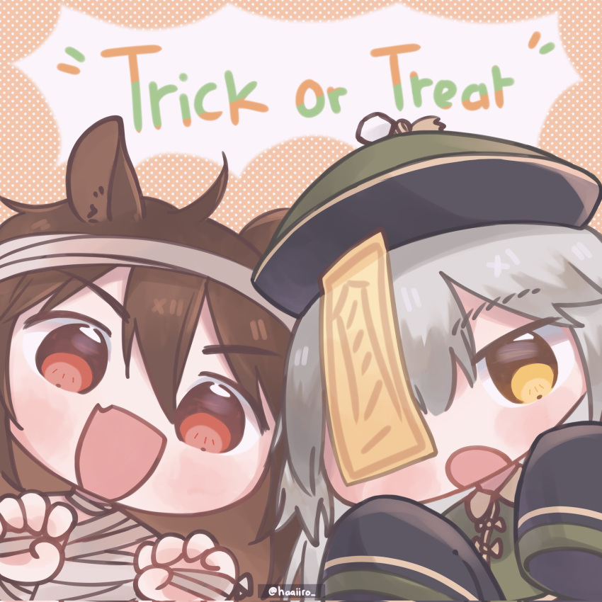 2girls :d ahoge animal_ears arknights brown_hair claw_pose commentary english_commentary english_text fang fartooth_(arknights) grey_hair haaiiro hat highres horse_ears horse_girl jiangshi_costume long_hair multiple_girls mummy_costume ofuda_on_head one_eye_covered open_mouth portrait qing_guanmao red_eyes skin_fang sleeves_past_fingers sleeves_past_wrists smile trick_or_treat v-shaped_eyebrows wild_mane_(arknights) yellow_eyes