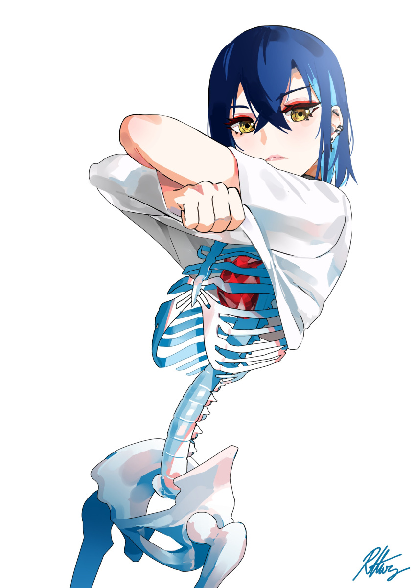 1girl absurdres blue_hair closed_mouth clothes_lift cowboy_shot ear_piercing earrings heart_(organ) highres jewelry lifted_by_self looking_at_viewer original piercing radical_highway ribs shirt shirt_lift short_sleeves simple_background skeleton smile solo spine white_background white_shirt yellow_eyes