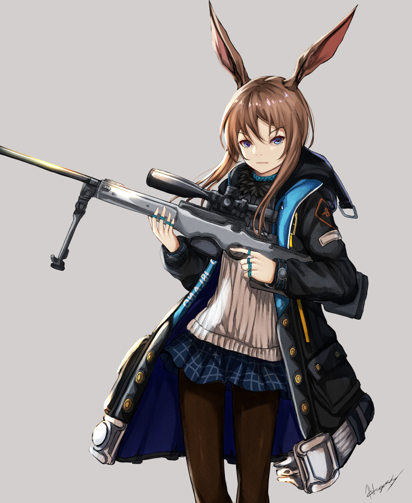 1girl absurdres ai_arctic_warfare amiya_(arknights) animal_ears arknights ascot black_ascot black_jacket black_pantyhose blue_collar blue_eyes blue_skirt bolt_action brown_hair collar grey_background gun highres holding holding_gun holding_weapon jacket jewelry long_hair long_sleeves multiple_rings neck_ring nui_gurumi open_clothes open_jacket pantyhose rabbit_ears rabbit_girl rifle ring shirt sidelocks simple_background skirt sniper_rifle solo weapon white_shirt