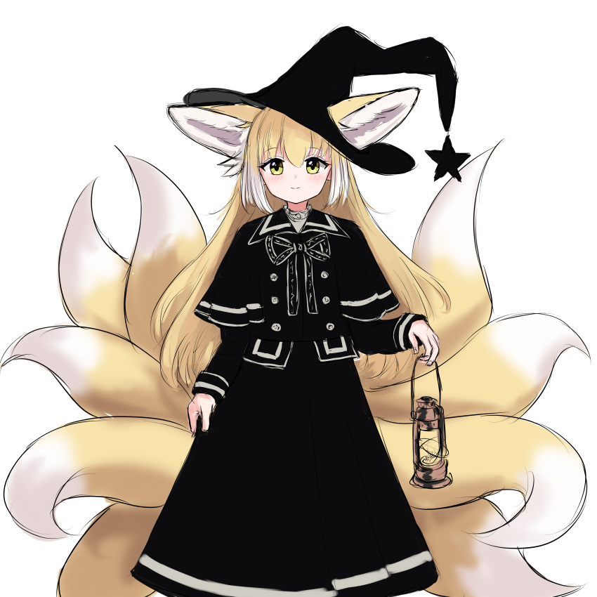 1girl absurdres animal_ear_fluff animal_ears arknights bangs black_capelet black_dress black_headwear blonde_hair blush capelet closed_mouth dress ears_through_headwear fox_ears fox_girl fox_tail green_eyes hair_between_eyes hat highres holding holding_lantern kyuubi lantern long_hair looking_at_viewer multiple_tails rylaera simple_background smile solo star_(symbol) suzuran_(arknights) tail tilted_headwear very_long_hair white_background witch_hat