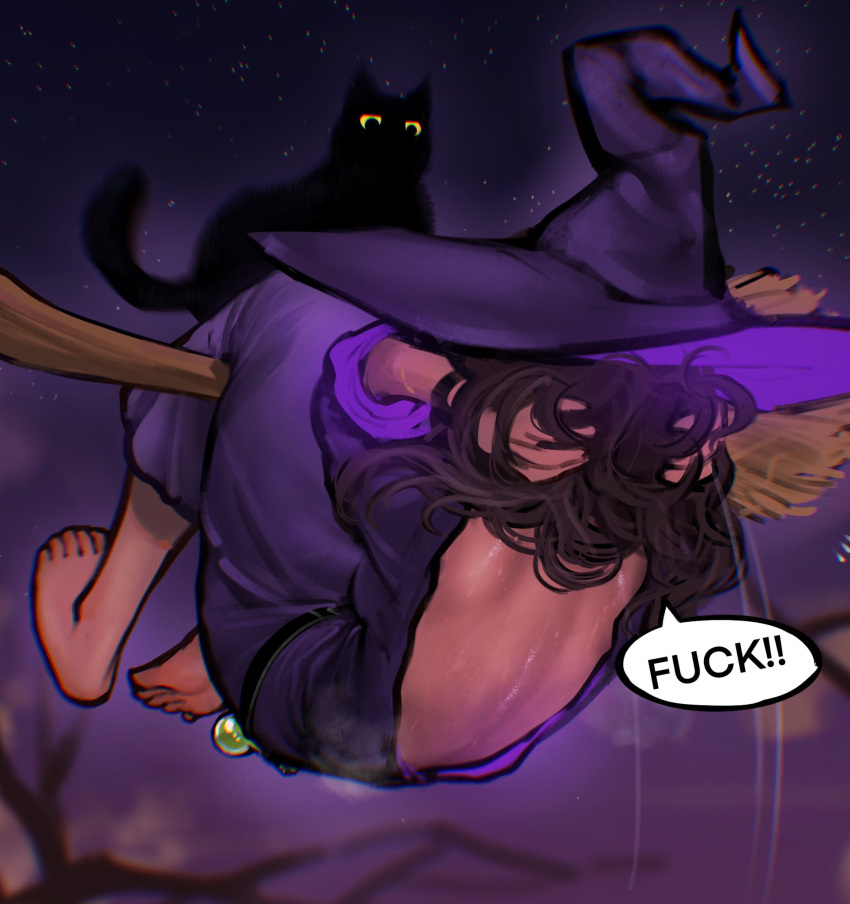 1girl arms_behind_head ayaki_d backless_dress backless_outfit barefoot belt black_cat bottle broom broom_riding cat dress english_text exercise full_body highres night night_sky original purple_dress shoulder_blades sit-up sky solo surprised tree