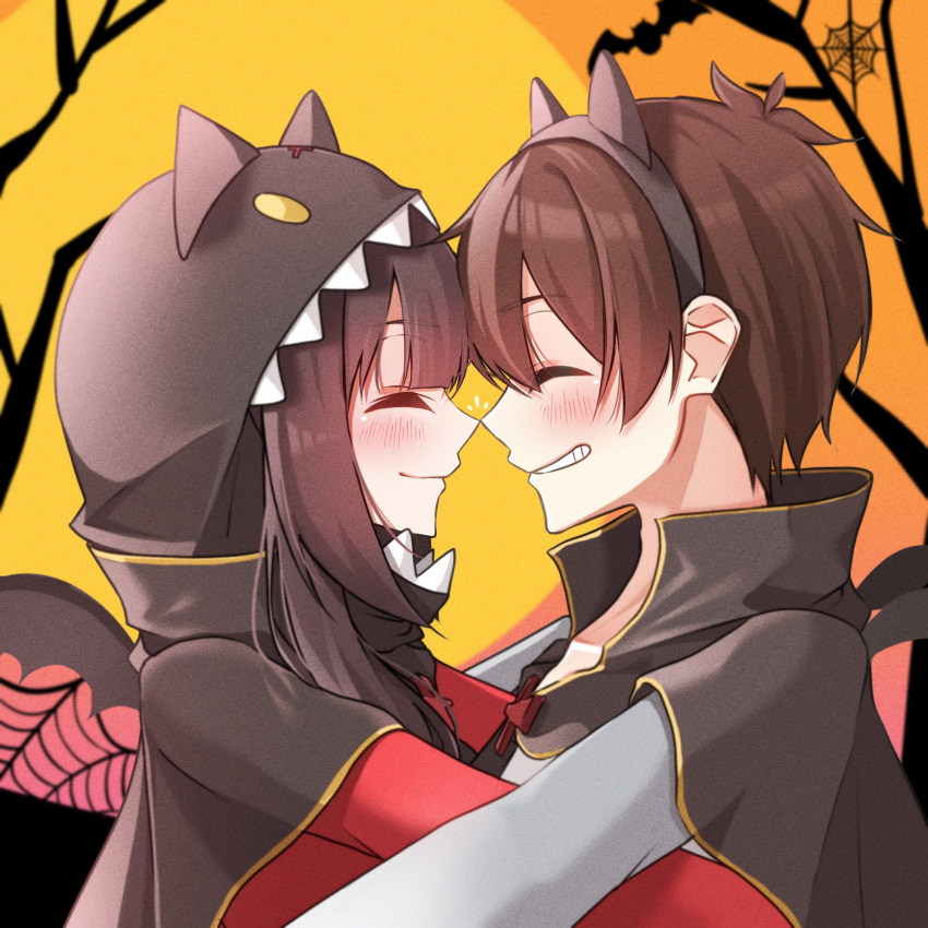 1boy 1girl animal_ears animal_hood bangs bat_(animal) bat_ears black_cape blush cape cat_hood closed_mouth collarbone commentary_request dress facing_another fake_animal_ears grin halloween hetero highres hood hood_up kono_subarashii_sekai_ni_shukufuku_wo! long_sleeves megumin multicolored_background noses_touching red_dress sarasara_shoyu satou_kazuma silk smile spider_web teeth tree upper_body