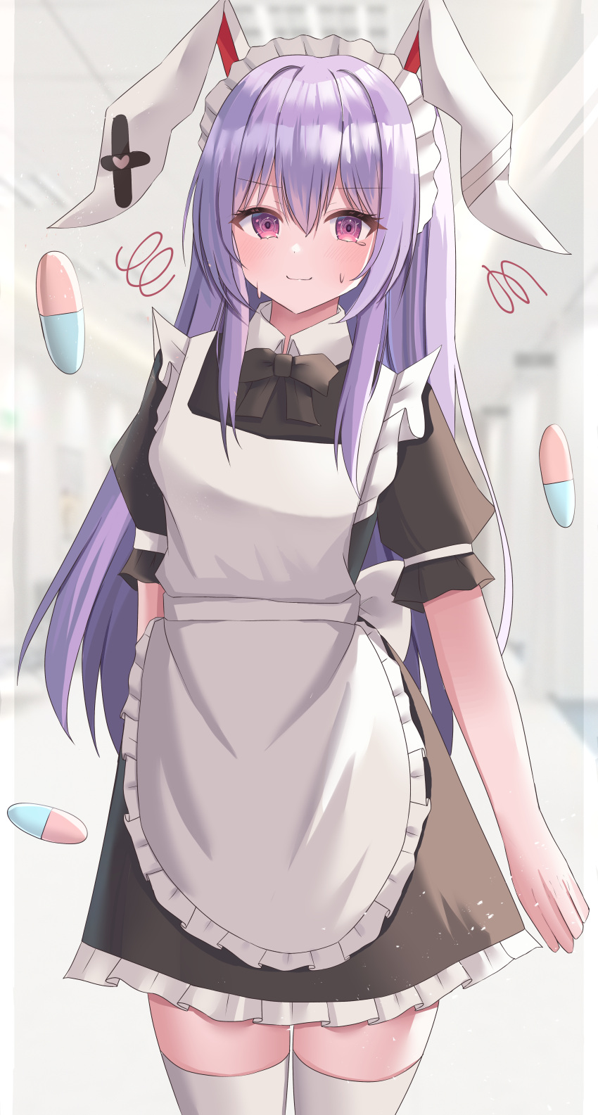 1girl absurdres alternate_costume animal_ears aohane apron bad_anatomy bad_hands black_dress blush closed_mouth cowboy_shot dress enmaided frilled_dress frills hair_between_eyes highres light_purple_hair long_hair maid maid_headdress pill rabbit_ears red_eyes reisen_udongein_inaba short_sleeves solo thigh-highs touhou white_apron white_thighhighs