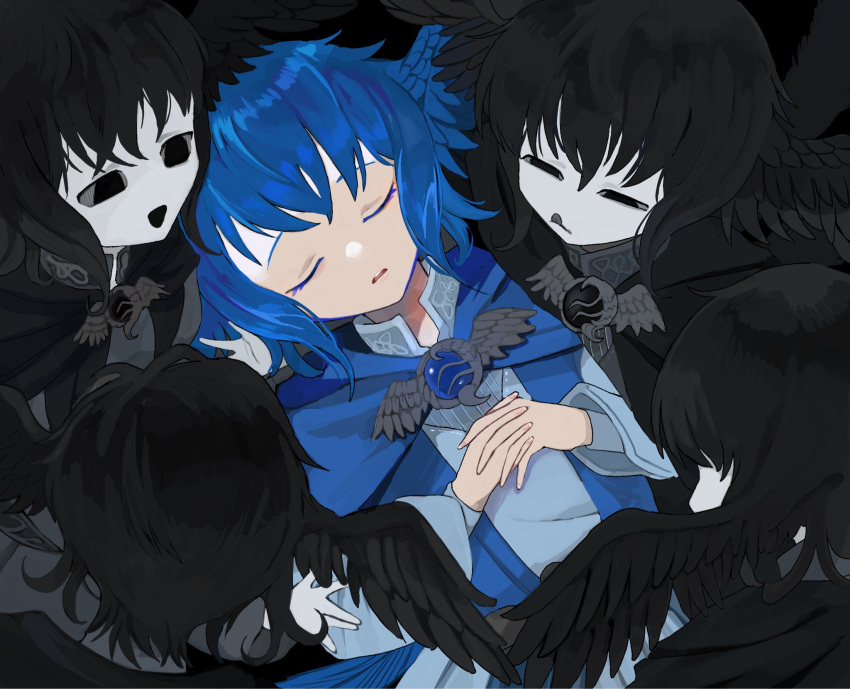 5girls :q bangs bird_girl bird_tail bird_wings black_background black_eyes black_hair blue_capelet blue_gemstone blue_hair brooch capelet clone closed_eyes colored_eyelashes commentary facing_viewer feathered_wings final_fantasy final_fantasy_xiv from_above gem glaa_da half-closed_eyes hands_on_own_chest head_wings high_collar highres hollow_mouth interlocked_fingers jewelry looking_at_another lying meteion multiple_girls multiple_persona no_pupils on_back open_mouth own_hands_together short_hair sleeping spoilers squinting tail tongue tongue_out upper_body wings