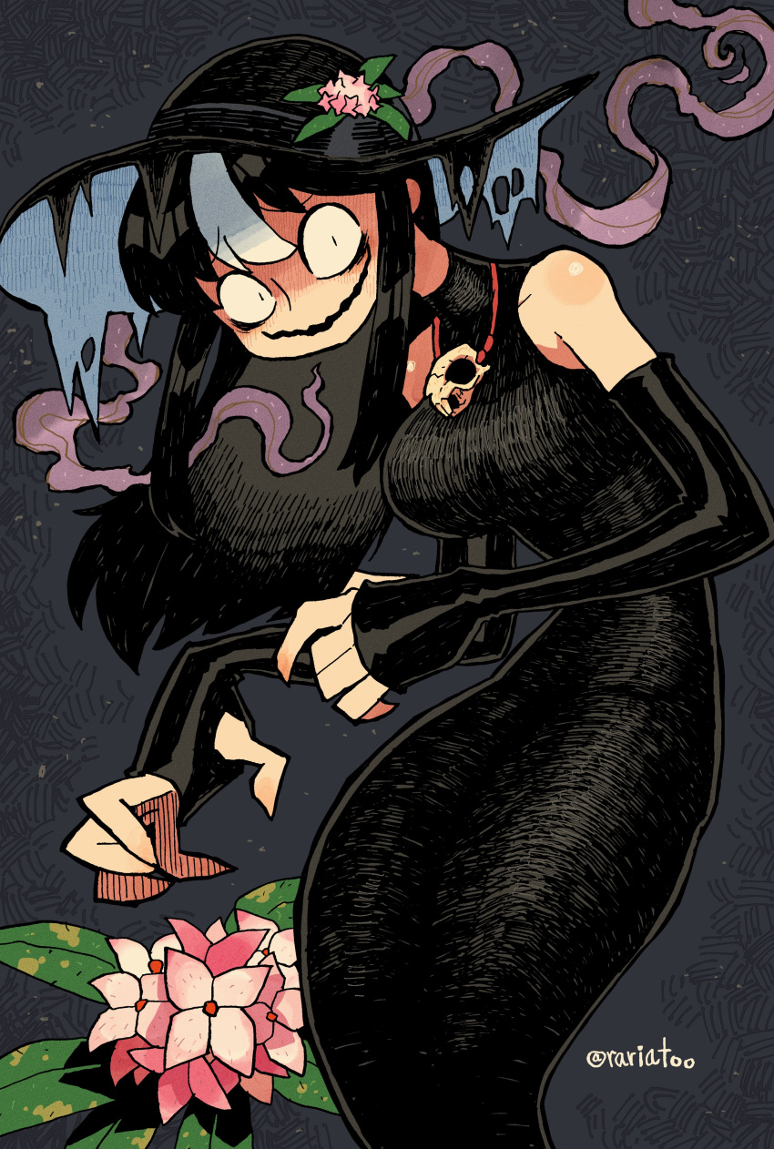1girl absurdres animal_skull black_dress black_headwear breasts detached_sleeves dress fingerless_gloves flower gloves hat highres jewelry large_breasts long_dress long_fingers long_hair melting multicolored_hair necklace noss_(rariatto) open_hand open_mouth original plant pun rariatto_(ganguri) shaded_face skull_necklace smell streaked_hair sun_hat torn_clothes torn_hat twitter_username wavy_mouth white_hair