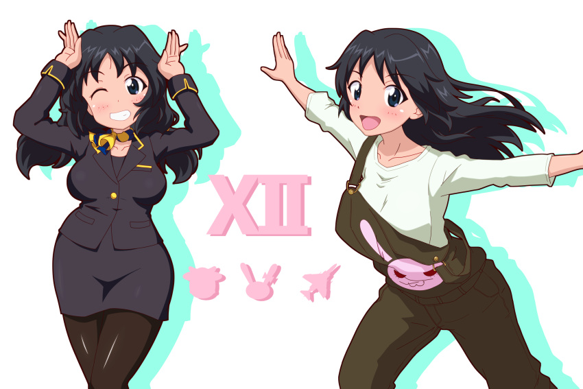 2girls ascot bangs black_eyes black_hair black_jacket black_overalls black_pantyhose black_skirt blazer bunny_pose commentary dual_persona emblem flight_attendant formal freckles girls_und_panzer gogopaint grin highres jacket leaning_forward long_hair long_sleeves looking_at_viewer miniskirt multiple_girls official_alternate_costume one_eye_closed outstretched_arms overalls pantyhose pencil_skirt rabbit_print roman_numeral shirt silhouette simple_background skirt skirt_suit smile spread_arms standing suit travel_attendant w_arms white_background white_shirt yamagou_ayumi yellow_ascot