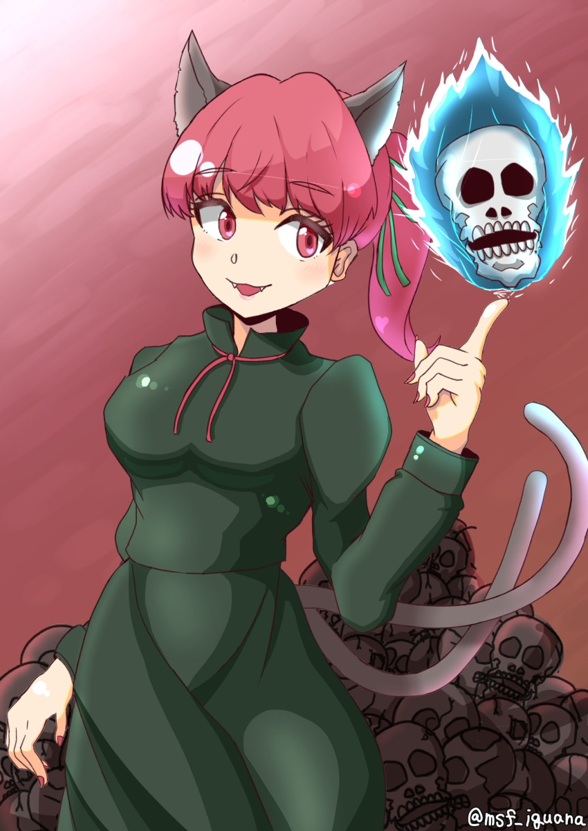 1girl alternate_hairstyle animal_ears artist_name breasts cat_ears cat_tail cowboy_shot dress extra_ears fangs fangs_out green_dress hand_up highres hitodama index_finger_raised kaenbyou_rin light_blush long_hair looking_to_the_side medium_breasts miton_iguana multiple_tails nail_polish nekomata pile_of_skulls ponytail red_nails simple_background skull solo tail touhou two_tails