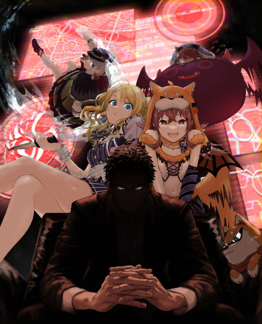 1boy 4girls ahoge amai_tsutomu animal_ears animal_hood arm_support bandana black_capelet black_jacket blonde_hair blue_dress blue_eyes breasts brown_dog business_suit capelet chair check_commentary commentary_request crop_top crossed_legs dark_background debi_tarou demon demon_wings detached_sleeves dog dog_ears dog_hood dog_tail dress evil_smile eyelashes fangs flying flying_sweatdrops formal frilled_skirt frills futon ghost green_skirt grey_hair hachimiya_meguru hair_between_eyes hair_ornament hairclip hat highres holding holding_knife hood idolmaster idolmaster_shiny_colors interlocked_fingers jacket knife komiya_kaho large_breasts legs long_sleeves looking_at_viewer lying mamemaru_(shiny_colors) midair multiple_girls navel nose_bubble osaki_tenka puffy_short_sleeves puffy_sleeves purple_headwear purple_shorts purple_sleeves red_bandana redhead screen serizawa_asahi shaded_face shiba_inu shirt short_hair short_sleeves shorts single_detached_sleeve single_sleeve sitting skirt sleeping smile srysry_p stomach suit sunglasses tail tail_wagging thigh-highs thighs twintails v-shaped_eyebrows wavy_hair white_shirt white_thighhighs wings wrist_cuffs