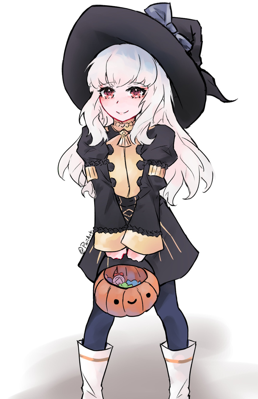 1girl absurdres bangs bucket candy cute fire_emblem fire_emblem:_three_houses food garreg_mach_monastery_uniform halloween halloween_bucket halloween_costume hat hat_ribbon highres holding holding_bucket intelligent_systems leggings long_hair lysithea_von_ordelia nintendo paiiart red_eyes ribbon sidelocks smile solo white_footwear white_hair witch witch_hat