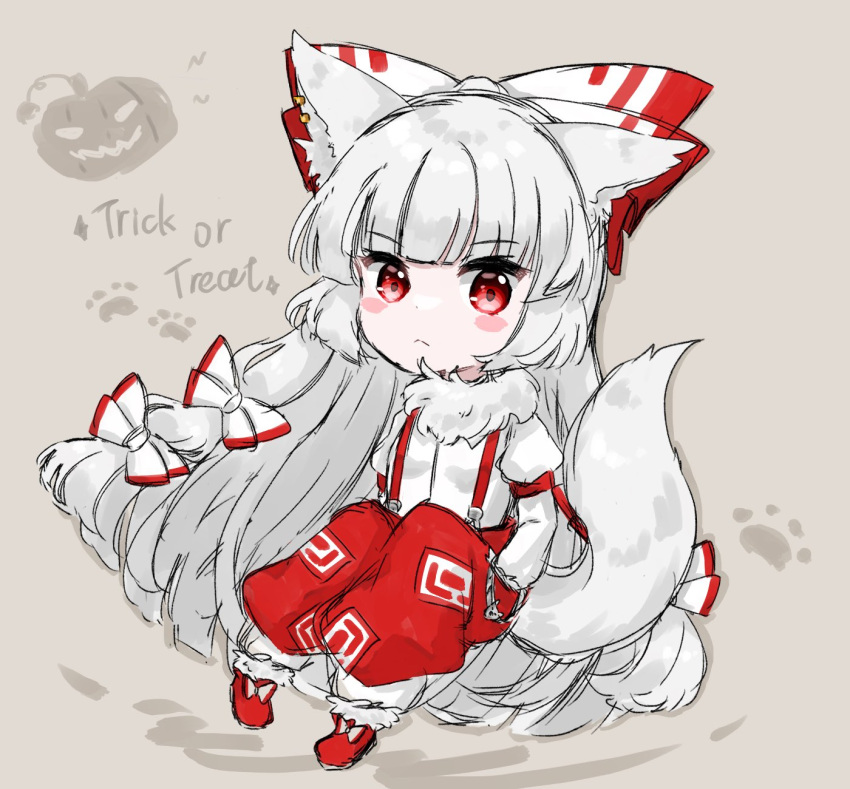 1girl animal_ears bangs blunt_bangs bow closed_mouth collared_shirt english_text fujiwara_no_mokou full_body hair_bow halloween hands_in_pockets highres koharu66353343 long_hair looking_at_viewer red_apnts red_eyes red_footwear shirt simple_background solo suspenders tail touhou trick_or_treat very_long_hair white_bow white_shirt