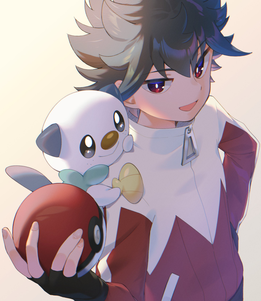 1boy :d bangs black_gloves black_hair bright_pupils commentary_request fingerless_gloves gloves hand_up high_collar highres holding holding_poke_ball hugh_(pokemon) jacket male_focus on_shoulder open_mouth oshawott poke_ball poke_ball_(basic) pokemon pokemon_(creature) pokemon_(game) pokemon_bw2 pokemon_on_shoulder red_eyes red_jacket short_hair smile spiky_hair white_pupils yupiteru zipper_pull_tab