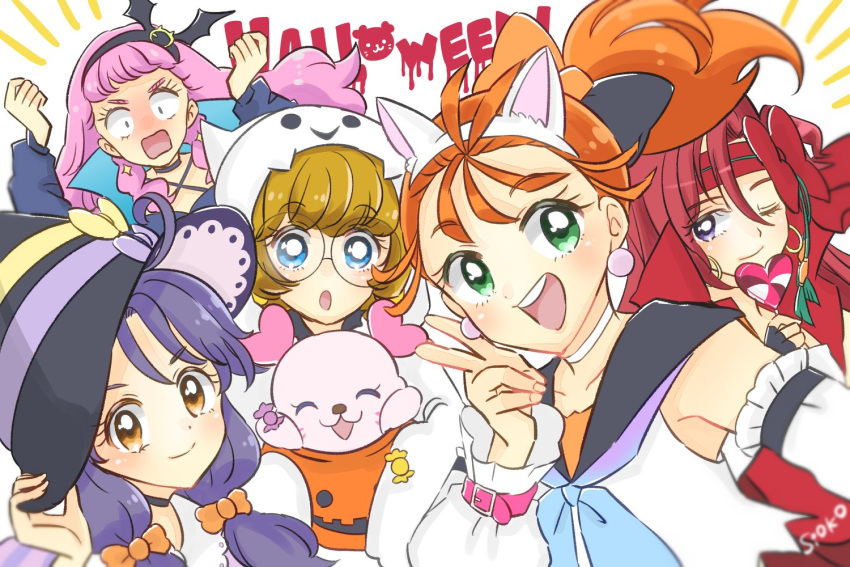 5girls :o adjusting_clothes adjusting_headwear animal_ears artist_name asymmetrical_bangs background_text bangs bat_hair_ornament black_headwear black_sailor_collar blue_eyes blue_hair blue_neckerchief blunt_bangs bob_cut bow brown_eyes brown_hair candy cat_ears clenched_hands cloak closed_mouth commentary_request constricted_pupils detached_sleeves earrings english_text fake_animal_ears food ghost_costume glasses green_eyes grin hair_bow hair_ornament hair_ribbon halloween halloween_bucket halloween_costume hat headband heart holding holding_candy holding_food holding_lollipop hood hood_up hooded_cloak ichinose_minori jewelry kururun_(precure) laura_la_mer lollipop long_hair looking_at_viewer low_twintails medium_hair multiple_girls natsuumi_manatsu neckerchief open_mouth orange_bow orange_hair orange_ribbon partial_commentary pink_hair pose precure red_bow red_headband redhead ribbon rimless_eyewear round_eyewear sailor_collar shirt short_hair side_ponytail signature siosio_808 sleeveless sleeveless_shirt smile suzumura_sango takizawa_asuka tropical-rouge!_precure twintails v violet_eyes white_sleeves witch_hat