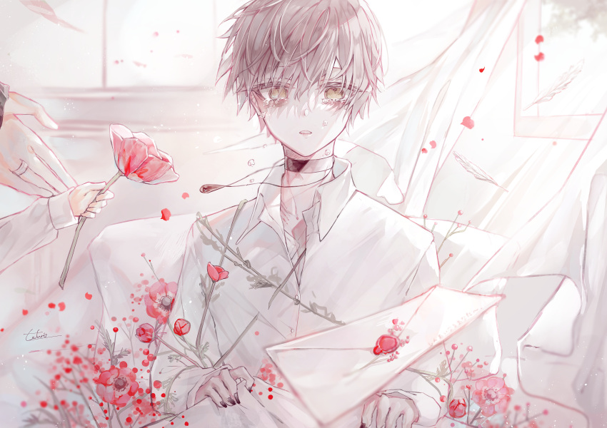 1boy absurdres blank_stare crying crying_with_eyes_open curtains dropping flower highres holding holding_flower letter looking_at_viewer male_child original shirt short_hair tears tefuto_428 white_shirt wind