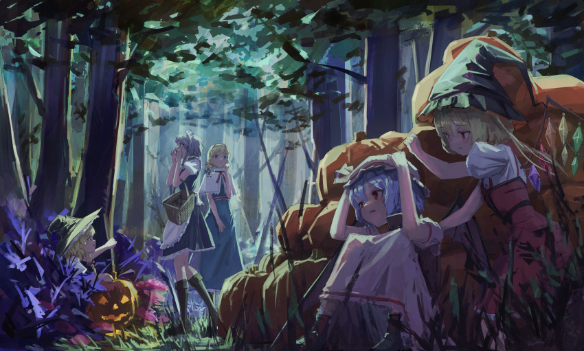 5girls absurdres alice_margatroid apron bat_wings black_footwear black_headwear black_vest blonde_hair blue_dress blue_hair boots bow braid capelet crystal dappled_sunlight dated_commentary dress flandre_scarlet forest frilled_dress frills grass grey_hair hair_bow hairband hands_on_headwear hat hide_and_seek highres izayoi_sakuya jack-o'-lantern kirisame_marisa knee_boots looking_at_another maid_apron maid_headdress medium_hair mob_cap multiple_girls mushroom nature nepperoni outdoors pink_dress pink_headwear pumpkin red_bow red_dress red_hairband remilia_scarlet shanghai_doll shirt shouting single_braid sunlight touhou tree twin_braids vest white_apron white_capelet white_shirt wings witch_hat