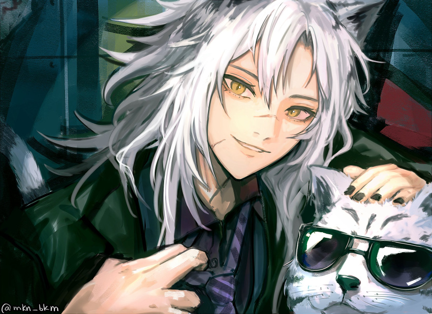 1girl animal animal_ears arknights bakmi_(mkn_bkm) black_jacket hair_between_eyes hand_up highres indra_(arknights) indra_(valiant_general)_(arknights) jacket looking_at_viewer official_alternate_costume parted_lips portrait scar scar_on_face scar_on_nose smile solo sunglasses tail tiger tiger_ears tiger_girl tiger_tail twitter_username white_hair yellow_eyes